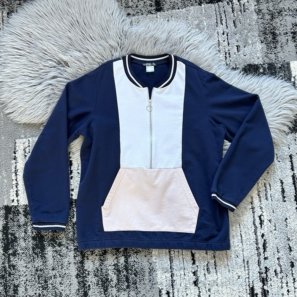 VENUS Women's Color Block Half Zip Sweatshirt/ Pullover Navy White Peach Size Lg